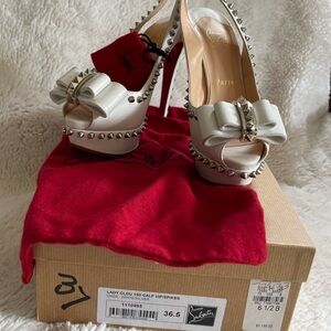 Christian Louboutin White Lady Clou 150 Spikes Studded Peep Toe Pumps Heels 6.5